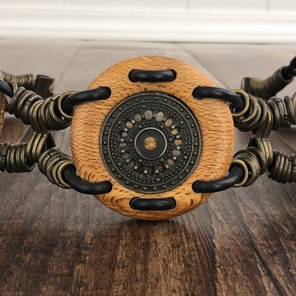 Concho Belt Hip Slung Mixed Media Wood Chain Boho Festival Size Small Tan Multi - Picture 3 of 12